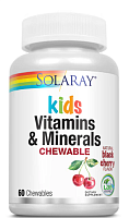 Kids Vitamins & Minerals Chewable (Детские витамины и минералы) вкус натуральной черной вишни 60 жев. таблеток (Solaray)