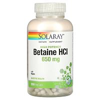 High Potency Betaine HCl with Pepsin (высокоэффективный бетаина гидрохлорид с пепсином) 650 мг 250 капсул (Solaray) Годен до 03/26