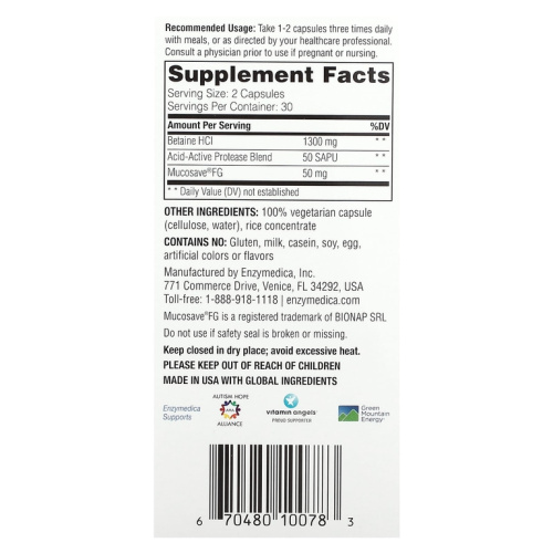 Betaine HCL (Быстродействующий бетаин гидрохлорид) 60 капсул (Enzymedica) СРОК ГОДНОСТИ 12/2024 фото 2