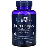 Super Omega-3 EPA/DHA Fish Oil Sesame Lignans & Olive Extract 60 капсул (Life Extension)
